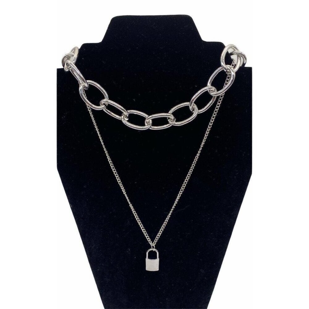 PadLock Layered Necklace Silver Tone Chain Womens Punk Jewelry‎